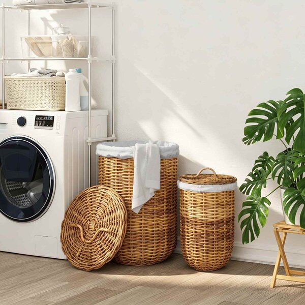 Kosz na pranie z pokrywą 2 szt. Naturalny Brąz Rattan Kubu
