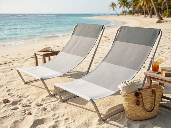 Zestaw 2 składanych leżaków plażowych SAND, szare paski