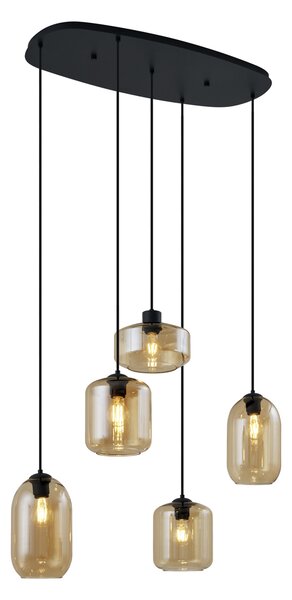 Nowoczesna lampa wisząca czarna z bursztynowym szkłem 5-punktowa - Sheena