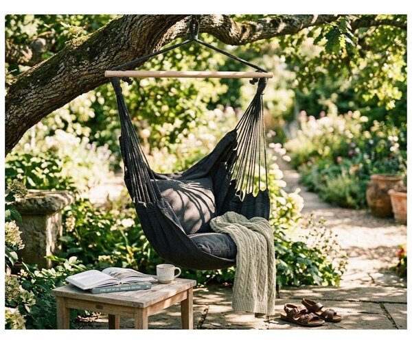 Czarny tapicerowany wiszący fotel ogrodowy Tobago – Garden Pleasure