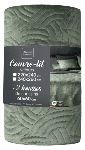 Zielony aksamitny zestaw narzuty na łóżko i poszewki na poduszkę 220x240 cm Solange – douceur d'intérieur