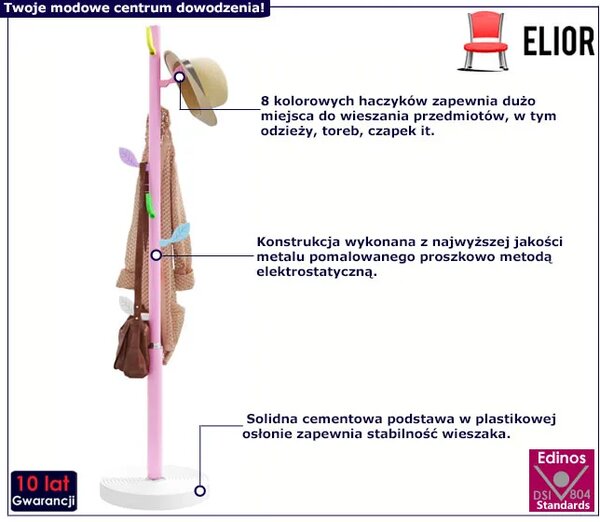 Różowy stojący wieszak z 8 haczykami - Higres