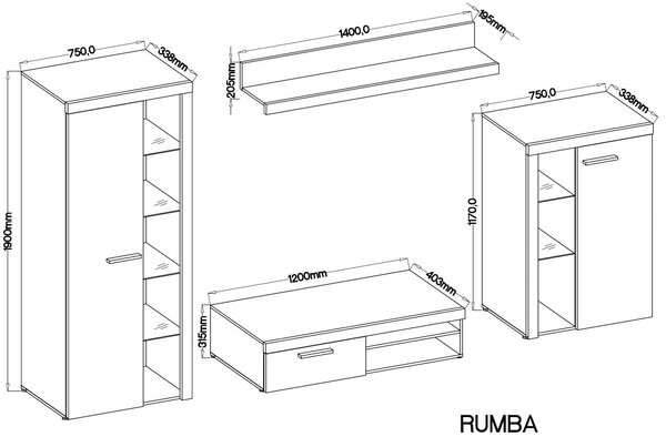 Meblościanka do salonu Rumba DL01 Dąb Lefkas