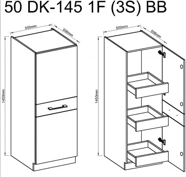 Szafka kuchenna słupek z 3 szufladami VIGO 50 DK-145 1F (3S) Połysk Biały/Lancelot