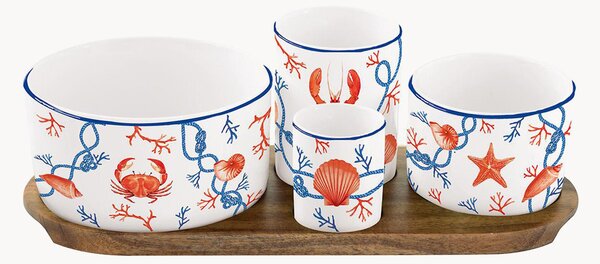 Komplet misek z porcelany z tacą z drewna akacjowego Cote De Mer, 5 elem