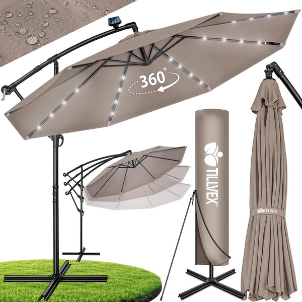 Tillvex Aluminiowy parasol słoneczny Cappuccino LED Solar Ø 300 cm z korbką | Parasol z włącznikiem/wyłącznikiem | Parasol ogrodowy z ochroną przed promieniowaniem UV, aluminiowy | Parasol z korbką i stojakiem, parasol targowy, wodoodporny