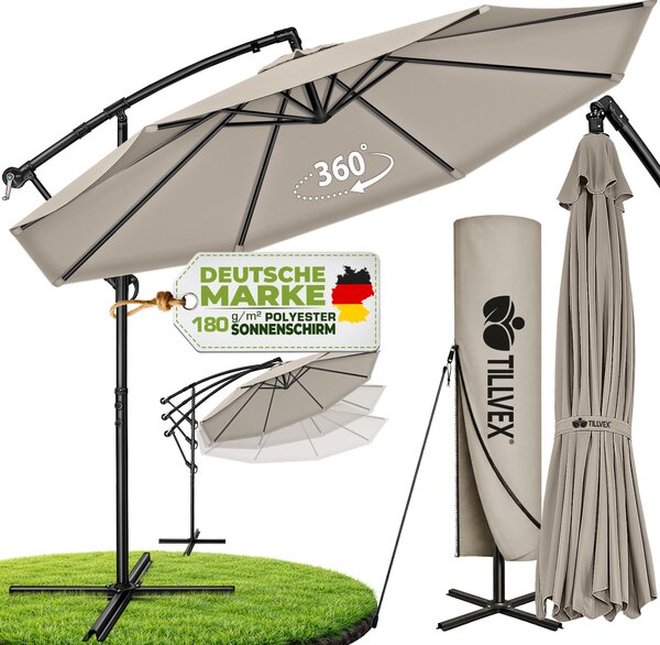 Tillvex Parasol ogrodowy Taupe Ø 300 cm Parasol wiszący Parasol ogrodowy Parasol targowy Parasol balkonowy z korbką Aluminiowy Parasol z regulacją nachylenia