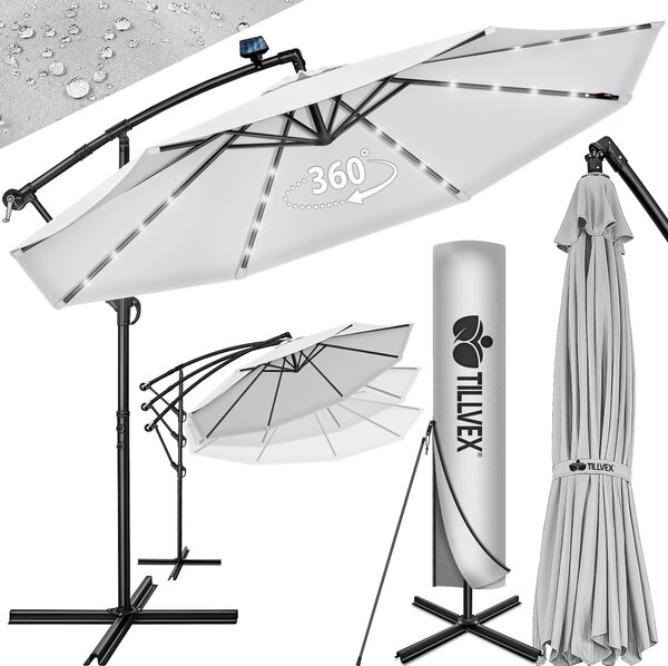 Tillvex aluminiowy parasol wspornikowy szary LED solar Ø 350 cm z korbą | parasol z włącznikiem/wyłącznikiem | parasol ogrodowy ochrona UV aluminium | parasol na korbę ze stojakiem parasol rynkowy wodoodporny