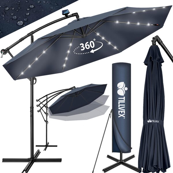 Tillvex aluminiowy parasol wspornikowy granatowy LED solar Ø 350 cm z korbą | parasol z włącznikiem/wyłącznikiem | parasol ogrodowy ochrona UV aluminium | parasol na korbę ze stojakiem parasol rynkowy wodoodporny