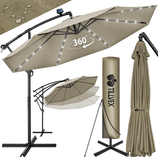 Tillvex aluminiowy parasol wspornikowy brązowy LED solar Ø 300 cm z korbą | parasol z włącznikiem/wyłącznikiem | parasol ogrodowy ochrona UV aluminium | parasol na korbę ze stojakiem parasol rynkowy wodoodporny