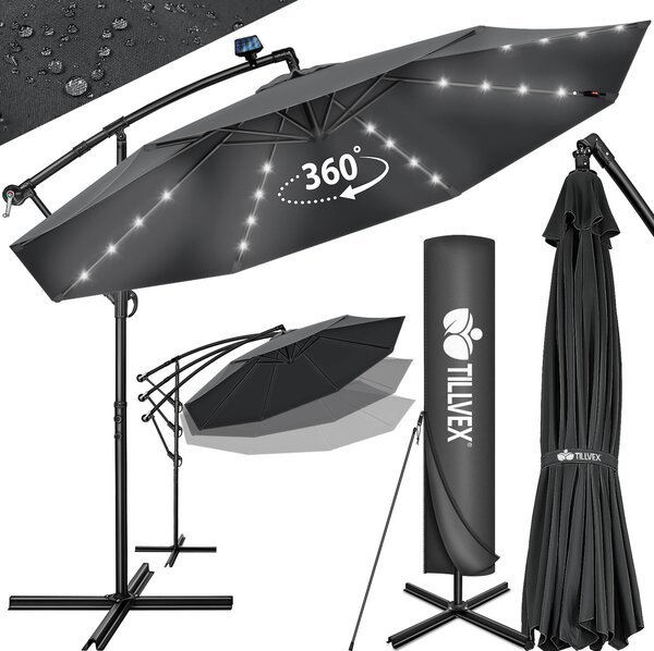 Tillvex aluminiowy parasol wspornikowy antracytowy LED solar Ø 350 cm z korbą | parasol z włącznikiem/wyłącznikiem | parasol ogrodowy ochrona UV aluminium | parasol na korbę ze stojakiem parasol rynkowy wodoodporny