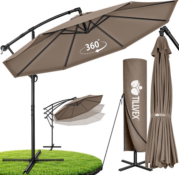 Tillvex Parasol ogrodowy Cappuccino Ø 300 cm Parasol wiszący Parasol ogrodowy Parasol targowy Parasol balkonowy z korbką Aluminiowy Parasol z regulacją nachylenia