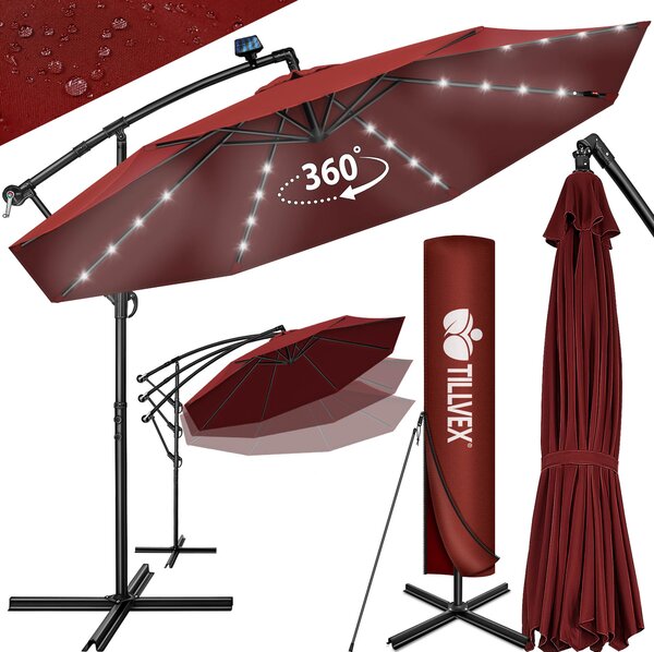 Tillvex aluminiowy parasol wspornikowy czerwony LED solar Ø 350 cm z korbą | parasol z włącznikiem/wyłącznikiem | parasol ogrodowy ochrona UV aluminium | parasol na korbę ze stojakiem parasol rynkowy wodoodporny