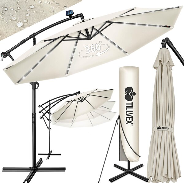 Tillvex aluminiowy parasol wspornikowy Beżowy LED Solar Ø 350 cm z korbą | parasol z włącznikiem/wyłącznikiem | parasol ogrodowy Ochrona UV aluminium | parasol na korbę ze stojakiem parasol rynkowy wodoodporny