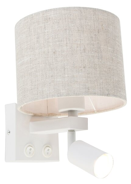 Kinkiet / Lampa scienna biały z lampką do czytania i abażurem 18 cm jasnoszary - Brescia Oswietlenie wewnetrzne