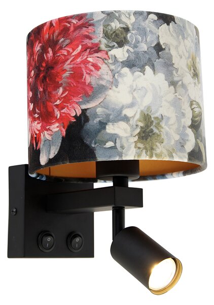 Kinkiet / Lampa scienna czarny z lampką do czytania i abażurem kwiaty 18 cm - Brescia Oswietlenie wewnetrzne