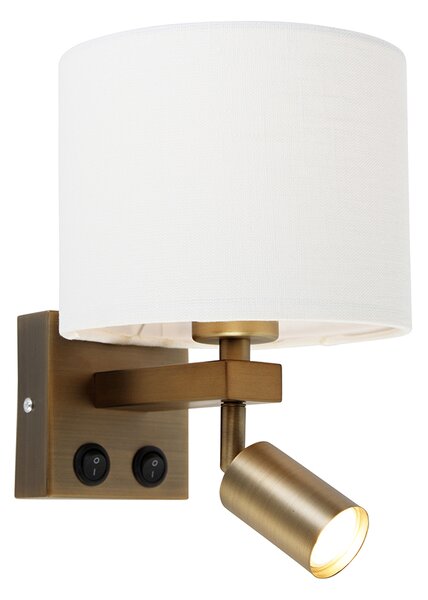 Wandlamp brons met leeslamp en stoffen kap 18 cm wit - Brescia Oswietlenie wewnetrzne