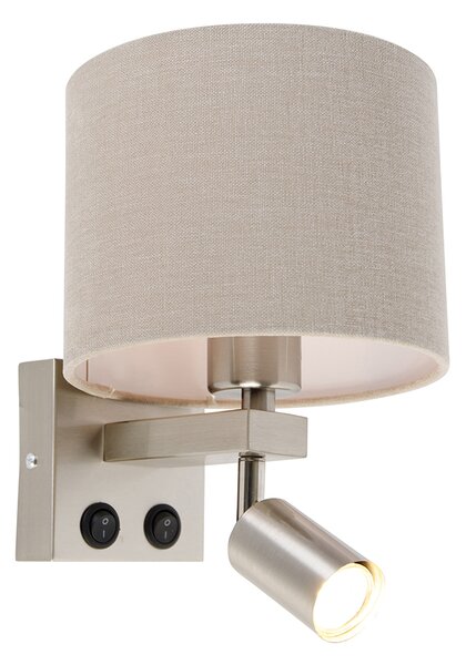 Wandlamp staal met leeslamp en kap 18 cm lichtbruin - Brescia Oswietlenie wewnetrzne