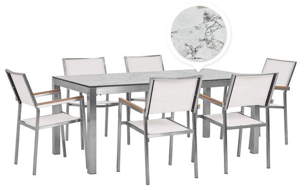 Zestaw ogrodowy stół blat HPL efekt marmuru 180x90cm 6 krzeseł białych Grosseto Beliani