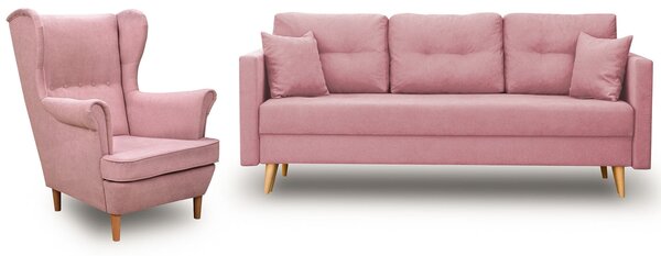 Zestaw mebli skandynawskich do salonu kanapa z fotelem Różowy