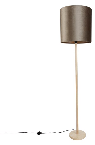 Drewniana lampa podłogowa z aksamitnym abażurem w kolorze taupe 40 cm - Mels