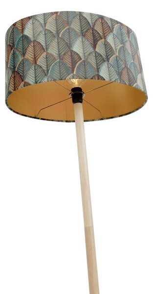Drewniana lampa podłogowa z owalnym, aksamitnym abażurem z motywem liści, 50 cm - Mels