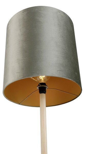 Drewniana lampa podłogowa z zielonym aksamitnym abażurem 40 cm - Mels
