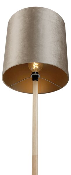 Drewniana lampa podłogowa z aksamitnym abażurem w kolorze taupe 40 cm - Mels