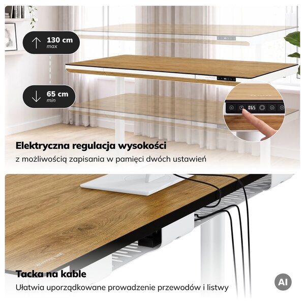 Biurko elektryczne z regulacją wysokości Ellis 140x70 cm, dąb złoty/biały
