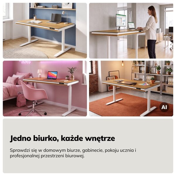 Biurko elektryczne z regulacją wysokości Ellis 140x70 cm, dąb złoty/biały