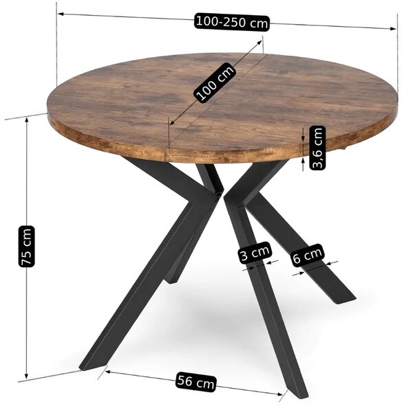 Loftowy stół rozkładany Lukas 100-250 cm dąb rustykalny