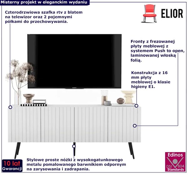Biała ryflowana szafka pod telewizor na nóżkach F5-M07