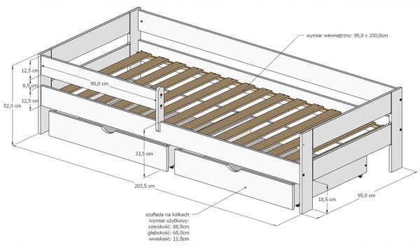 Łóżko dziecięce 200x90 MILA - Białe