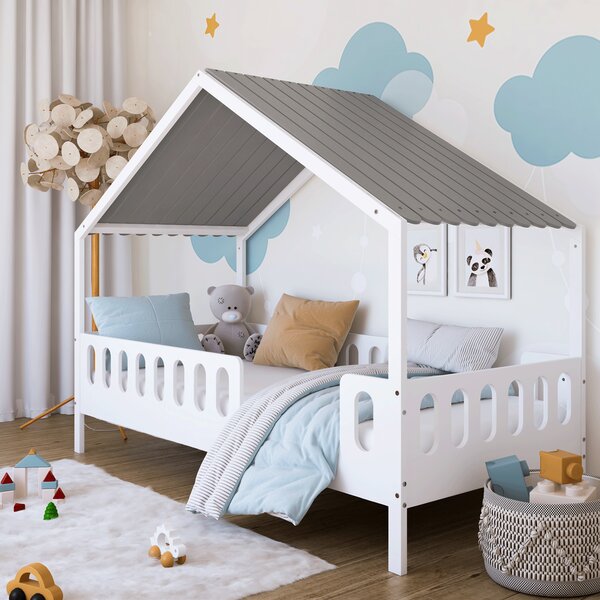Łóżko dziecięce MINI HOME 200x90 z daszkiem - Białe