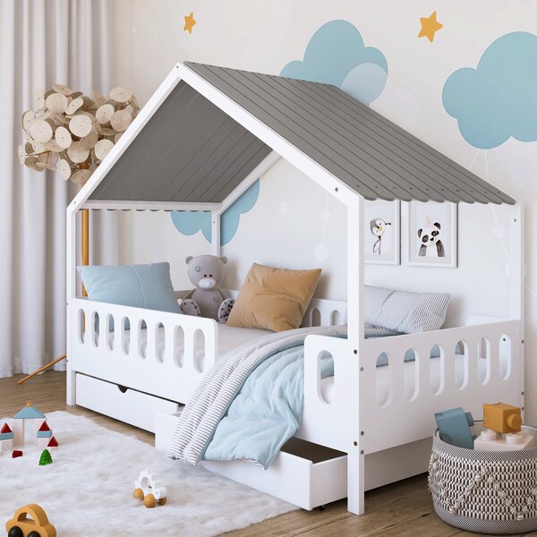 Łóżko dziecięce MINI HOME 200x90 z daszkiem - Białe