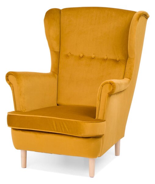 Fotel uszak żółty TM155 na drewnianych, solidnych nogach