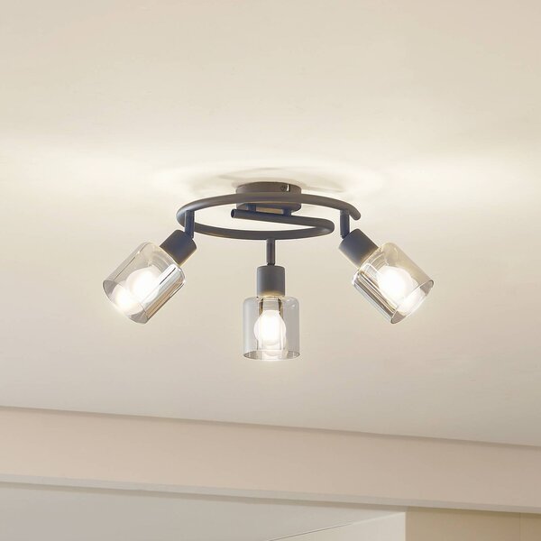Lampa sufitowa Lindby Netty, szara, 3-punktowa, szkło Netty Lindby, możliwość ściemniania, aluminiowy / szary / cynkowy, salon / jadalnia, szkło, nowoczesny