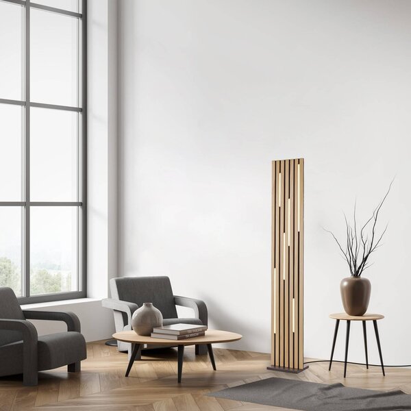 Q-Smart-Home Paul Neuhaus Lampa stojąca LED Q-Acoustic drewno wysokość 162 cm Q-Akustik, możliwość ściemniania, jasne drewno, salon / jadalnia, drewno, nowoczesny