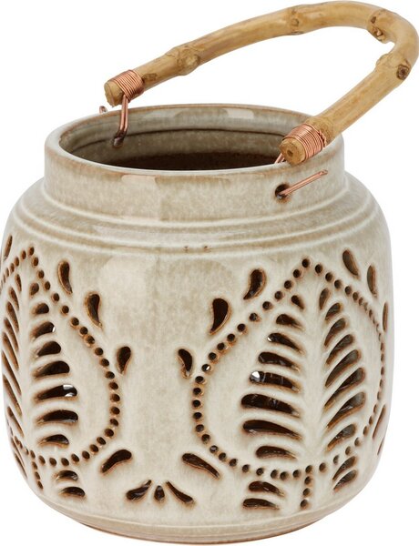 Latarnia porcelanowa z uchwytem bambusowym 14,5 x14 cm, beżowa