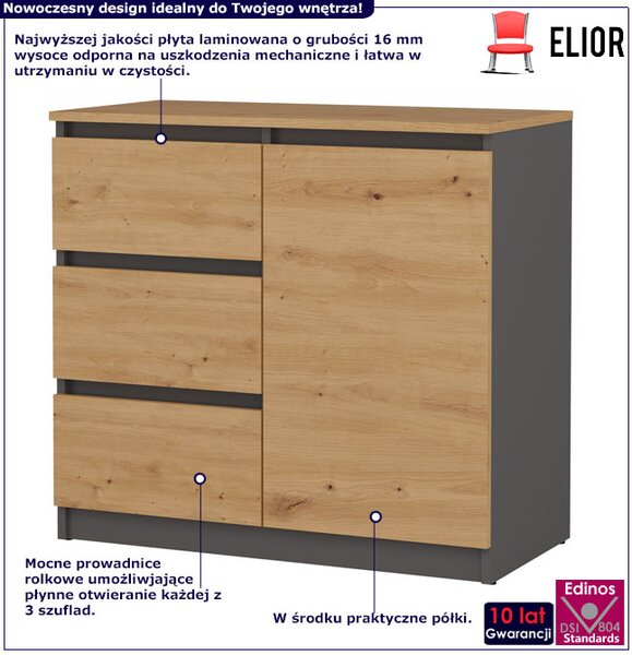 Komoda Z 3 Szufladami I Szafką Antracyt + Dąb Artisan P9-B26