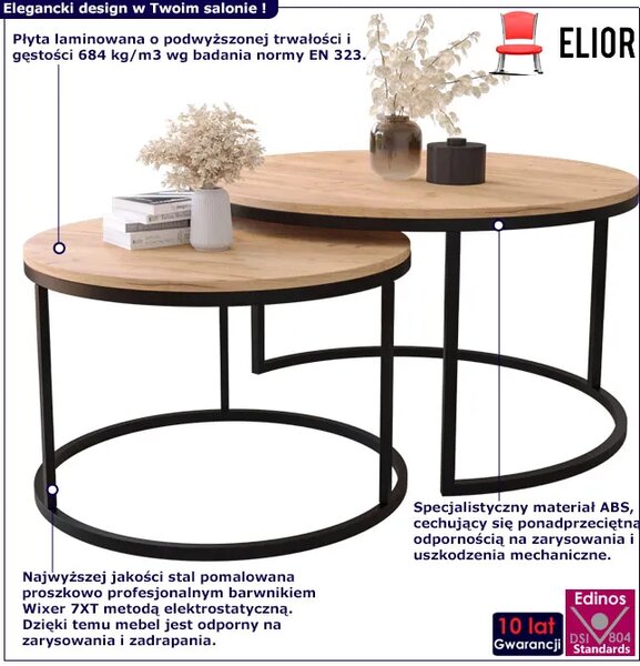 Zestaw 2 Okrągłych Stolików W Stylu Loft Dąb Craft Złoty P8-A69