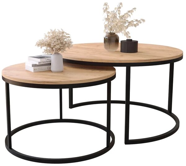 Zestaw 2 Okrągłych Stolików W Stylu Loft Dąb Craft Złoty P8-A69