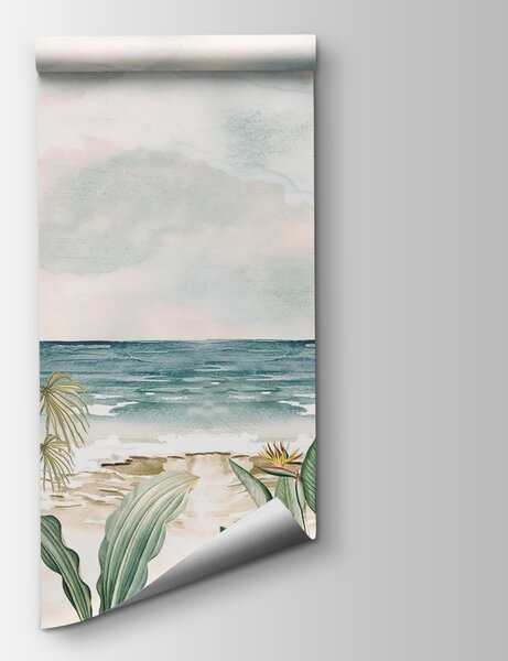 Fototapeta Obraz przedstawiający plażę z roślinami i lecącym ptakiem, Fototapety Plaża, Popularne Fototapety, u97892 - Tapeko.pl