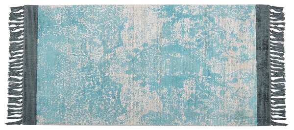Vintage dywan z wiskozy z frędzlami 80 x 150 cm niebieski z beżowym Akarsu Beliani